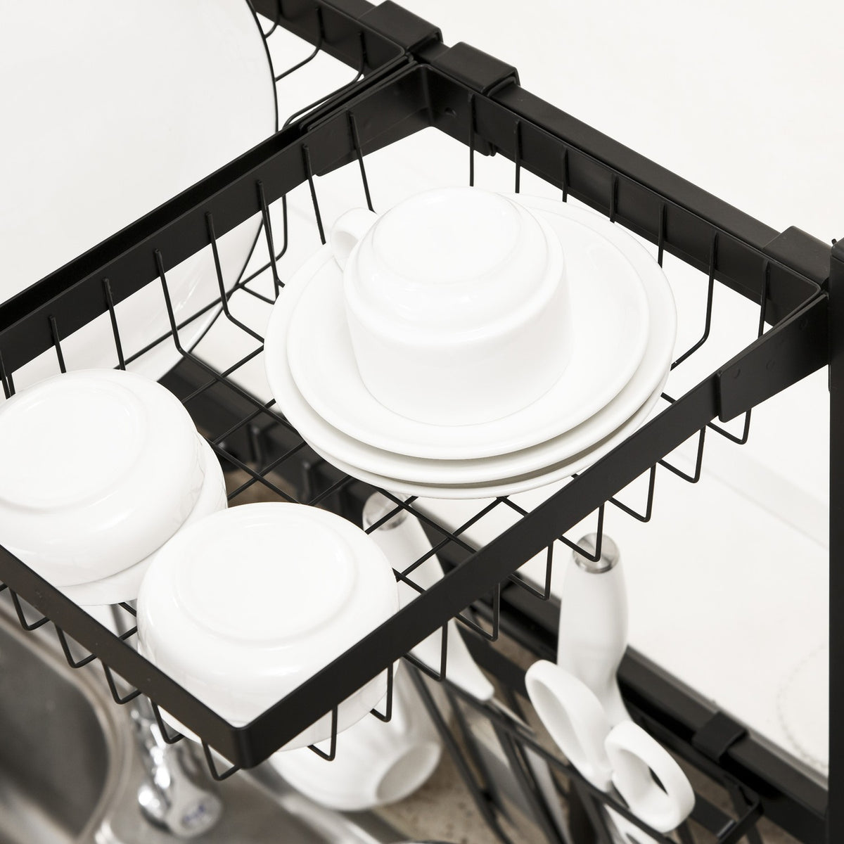 Dish Drainer 2 Tier Dish Drainer, Dish Drainer With Hooks, Drip Tray, Steel, Black, 51-93Cm