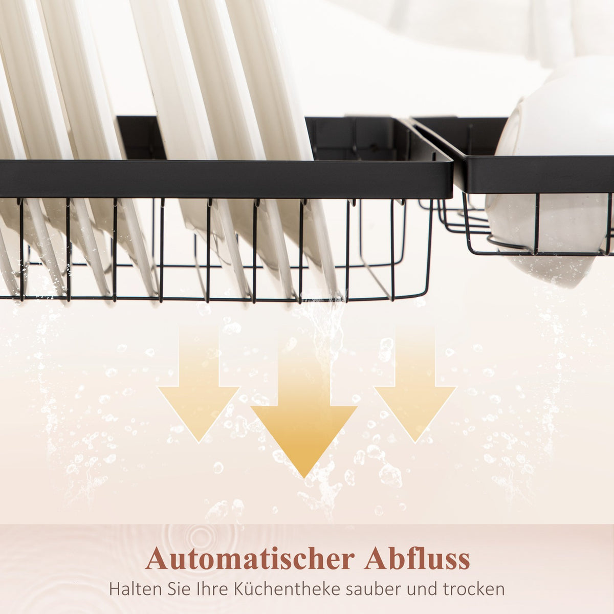 Dish Drainer Tableware, 2 Tier Dish Drainer with Hooks, Drip Tray, 52.5cm Dish Drainer Rack for Kitchen Sink, Steel, Black |