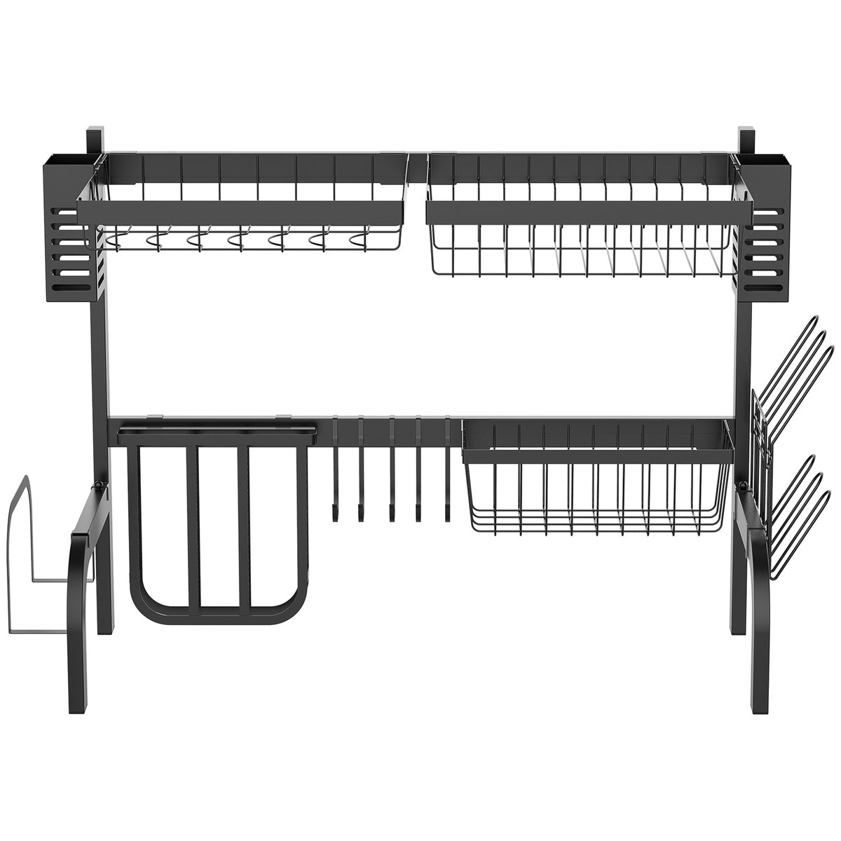 Dish Drainer Tableware, 2 Tier Dish Drainer with Hooks, Plate Rack, Accessories, 65cm Dish Drainer Rack for Kitchen Sink, Steel, Black |