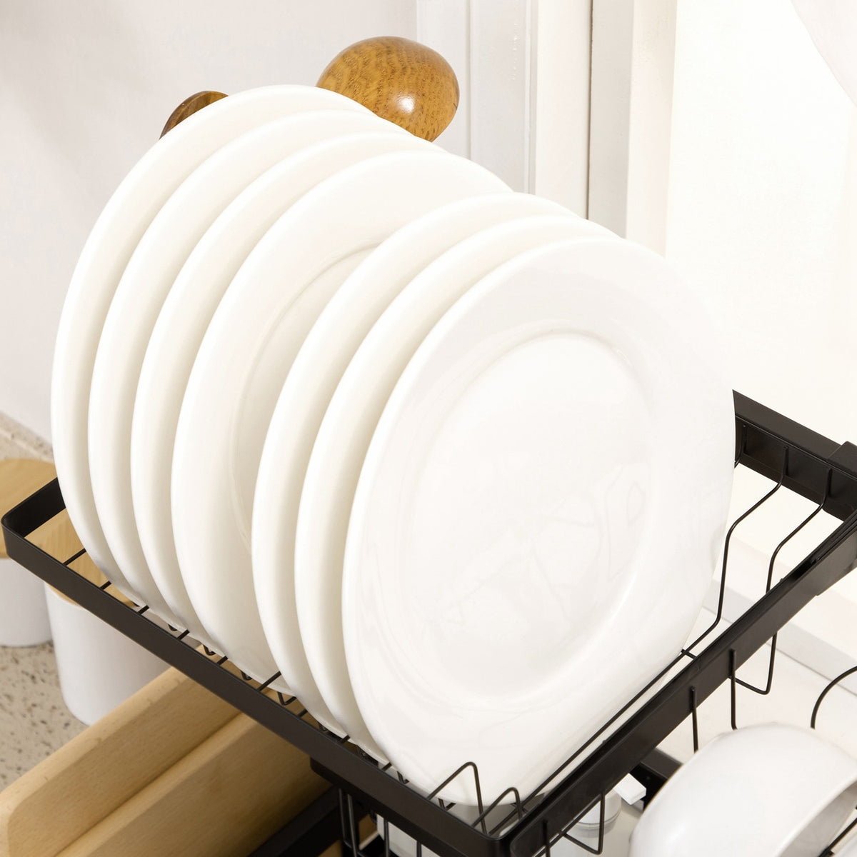 Dish Drainer Tableware, 2 Tier Dish Drainer with Hooks, Plate Rack, Accessories, 65cm Dish Drainer Rack for Kitchen Sink, Steel, Black |