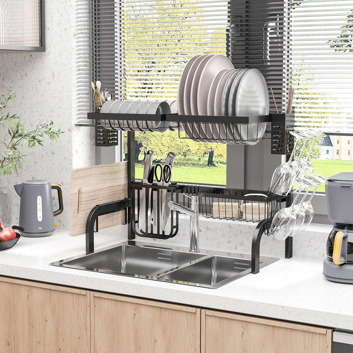 Dish Drainer Tableware, 2 Tier Dish Drainer with Hooks, Plate Rack, Accessories, 65cm Dish Drainer Rack for Kitchen Sink, Steel, Black |