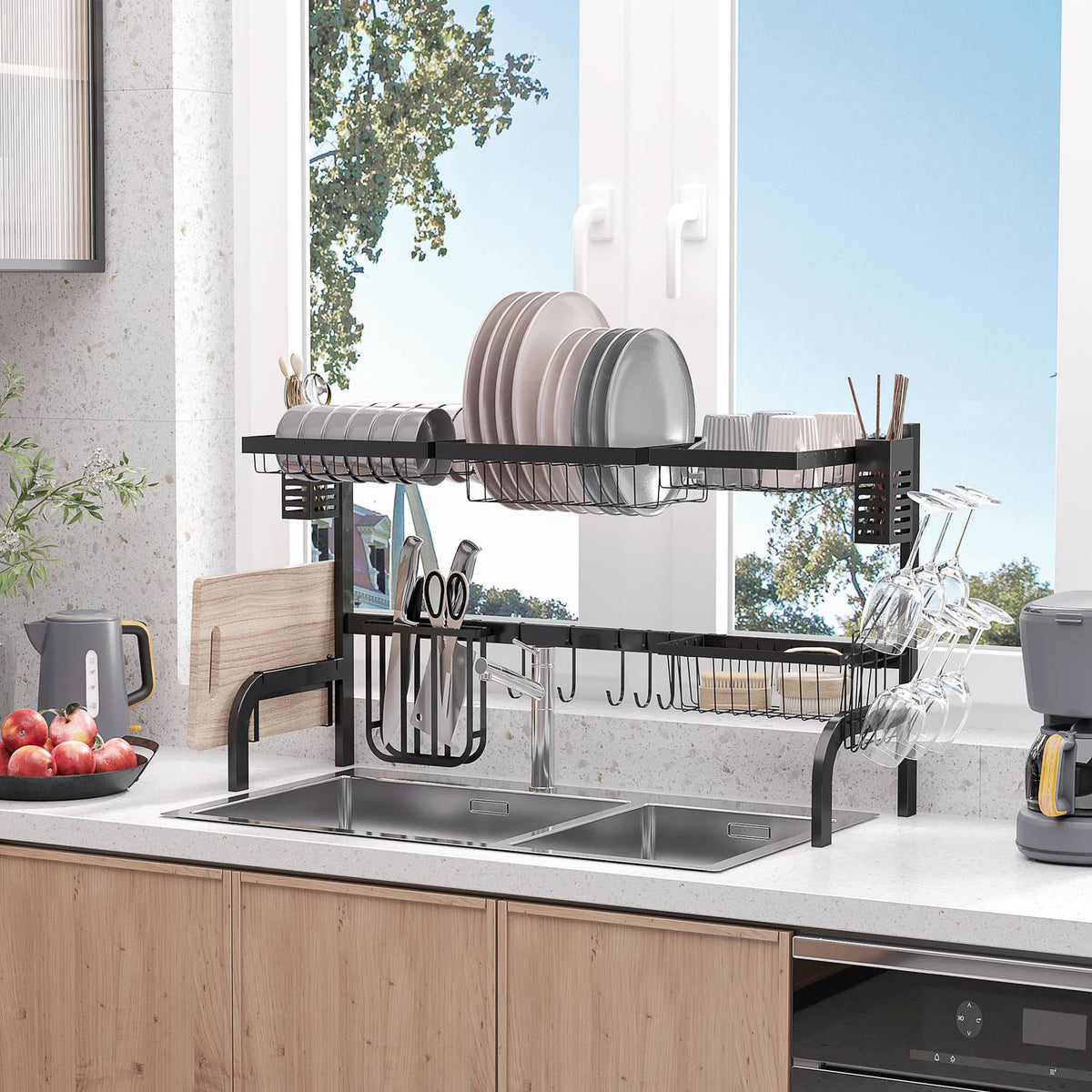 Dish drainer, 2-tier drainer with hooks, plate rack, accessories, 100 cm steel, black