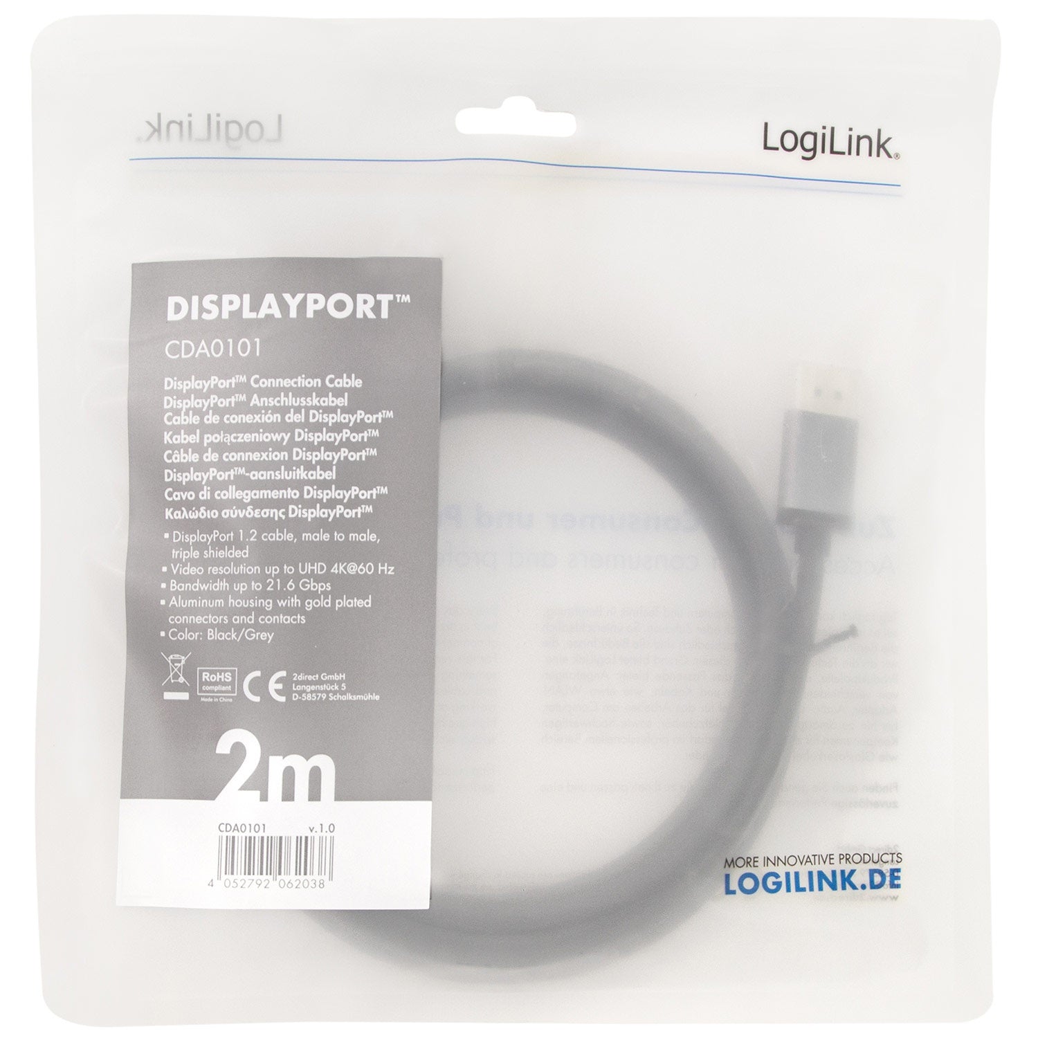 DisplayPort cable 4K/60Hz Aluminum 2m