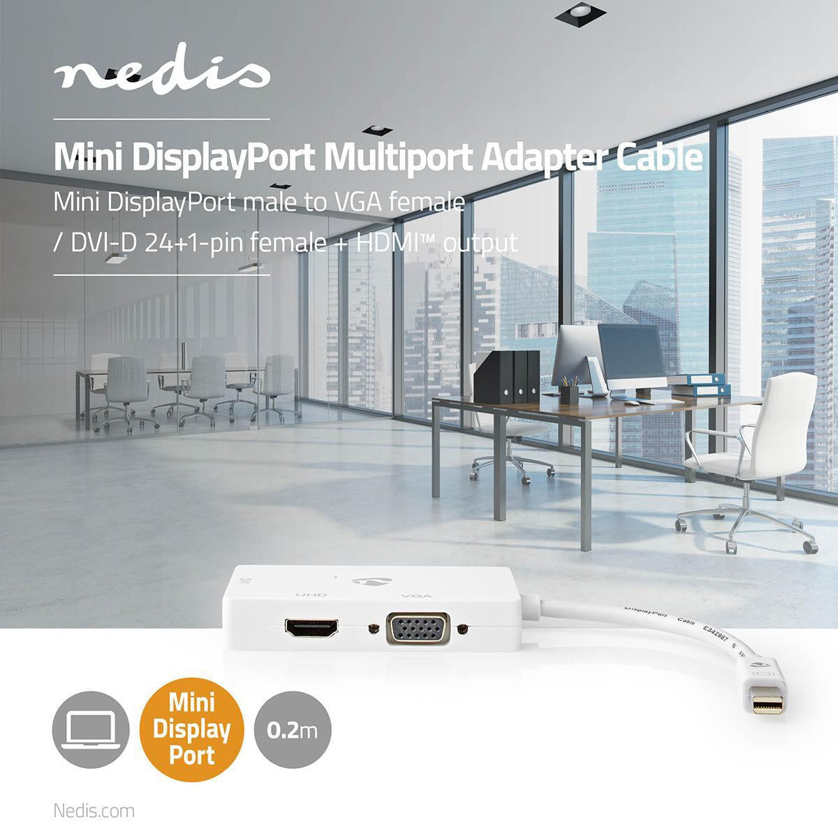 Displayport adapter | Mini DisplayPort Male | DVI-D 24+1-Pin Female / HDMI™ Female / VGA female 15p | 4K@60Hz | Nickel Plated | Switchable | 0.20 m | Round | ABS | ABS | White | Plastic bag