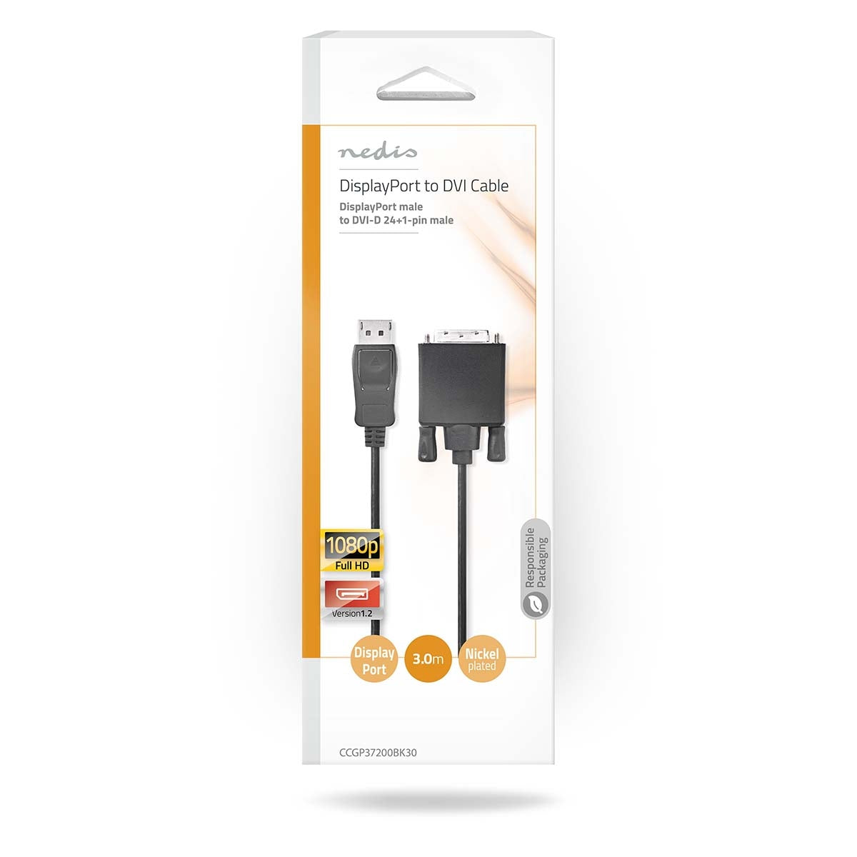 Displayport cable | DisplayPort Male | DVI-D 24+1-Pin Male | 1080p | Nickel Plated | 3.00 m | Round | PVC | Black | Plastic bag