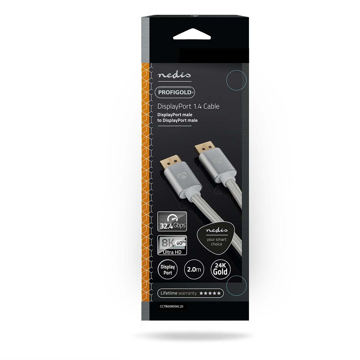 Displayport cable | DisplayPort Male | DisplayPort Male | 8K@60Hz | Gold Plated | 2.00 m | Round | Braided | Silver | Carton with covered window