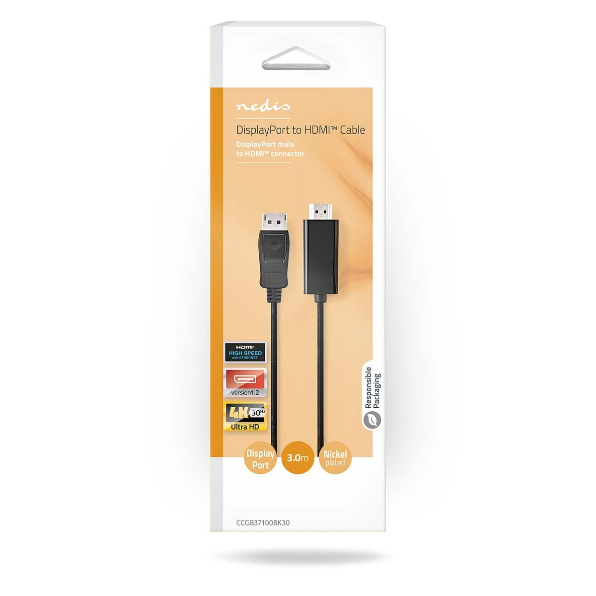 Displayport cable | DisplayPort Male | HDMI™ Connector | 4K@30Hz | Nickel Plated | 3.00 m | Round | PVC | Black | Box