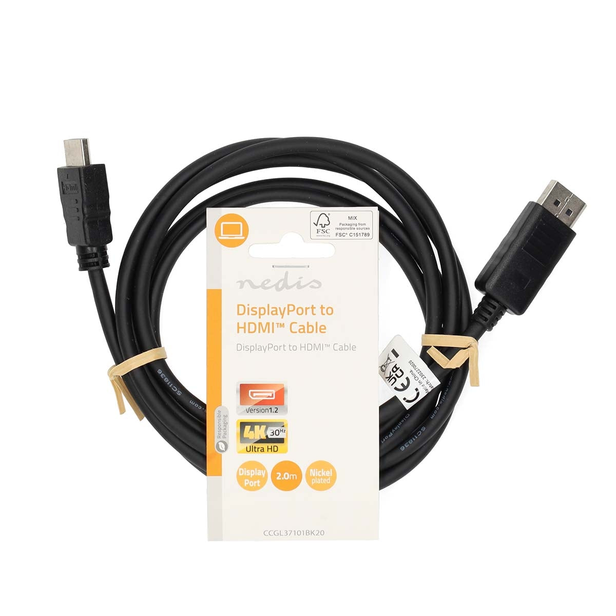 Displayport cable | DisplayPort Male | HDMI™ Connector | 4K@60Hz | Nickel Plated | 2.00 m | Round | PVC | Black | Label