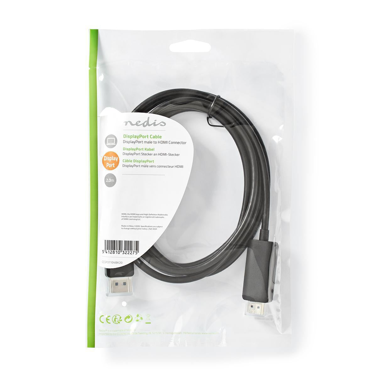 Displayport cable | DisplayPort Male | HDMI™ Connector | 4K@60Hz | Nickel Plated | 2.00 m | Round | PVC | Black | Plastic bag