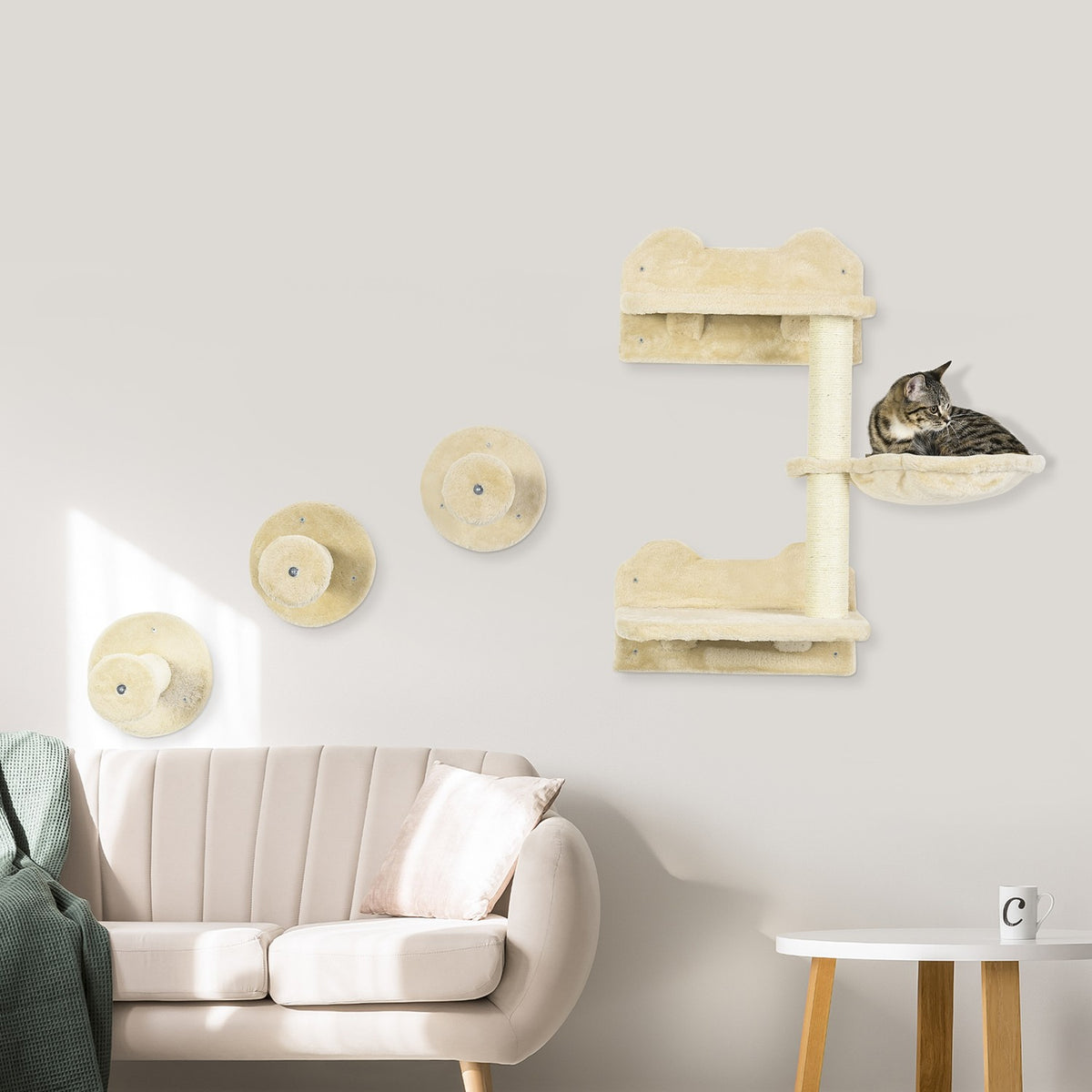 Diving Tower & 3 Scratching Posts, Climbing Wall With Hammock, Beige + Cream White