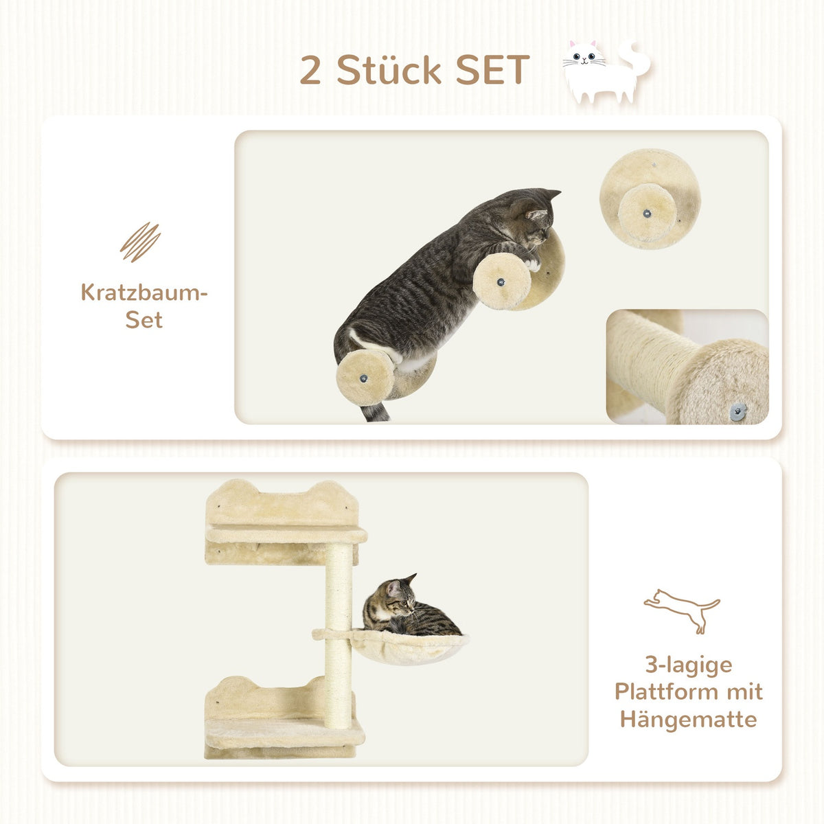 Diving Tower & 3 Scratching Posts, Climbing Wall With Hammock, Beige + Cream White