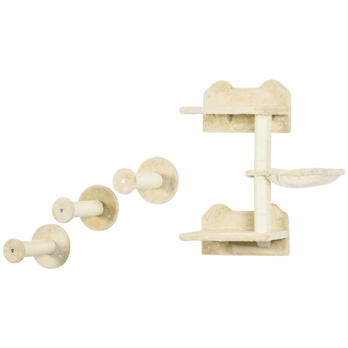 Diving Tower & 3 Scratching Posts, Climbing Wall With Hammock, Beige + Cream White