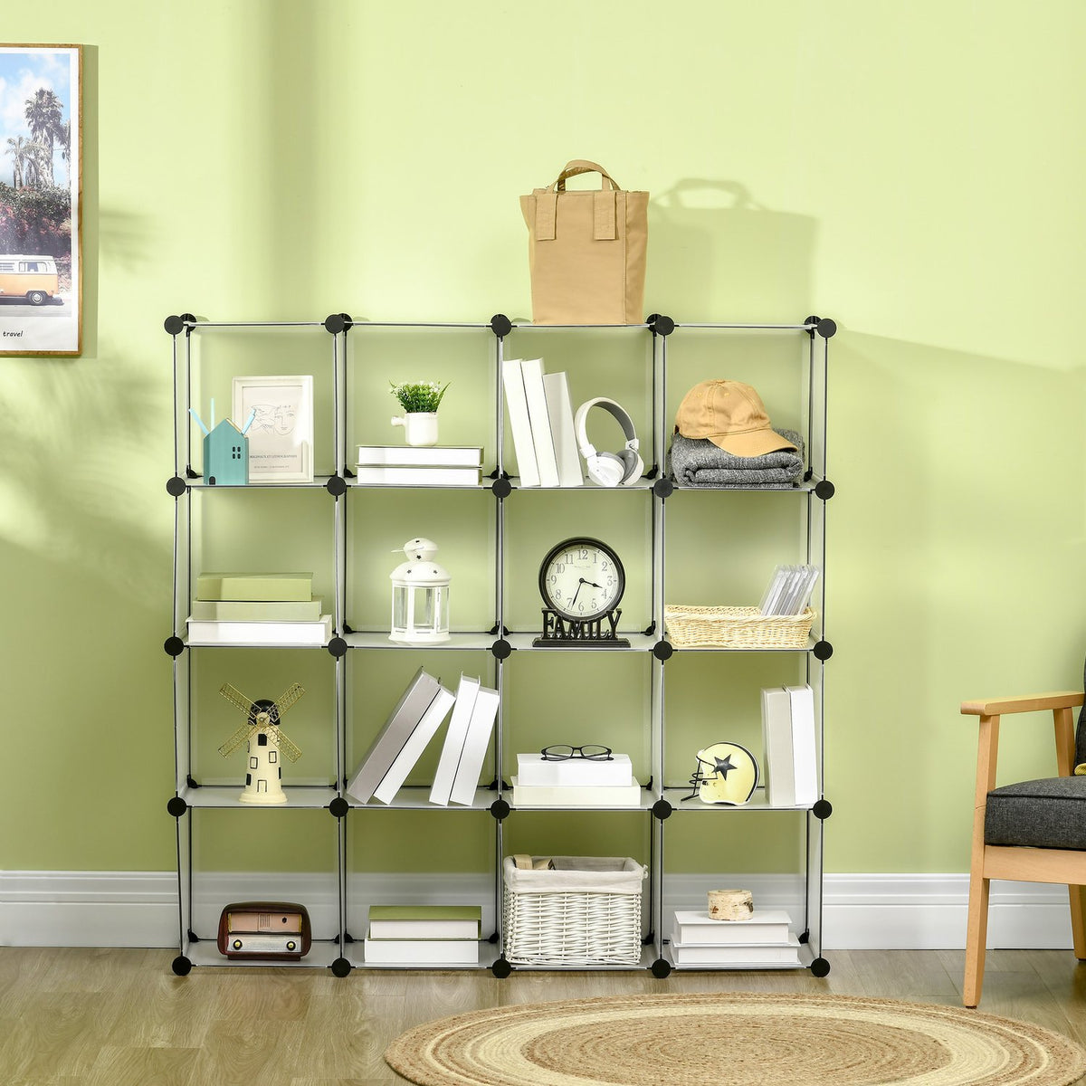 Diy Cube Shelving System With 16 Cubes, Storage Box, Plastic Cabinet, White, 125X32X125Cm