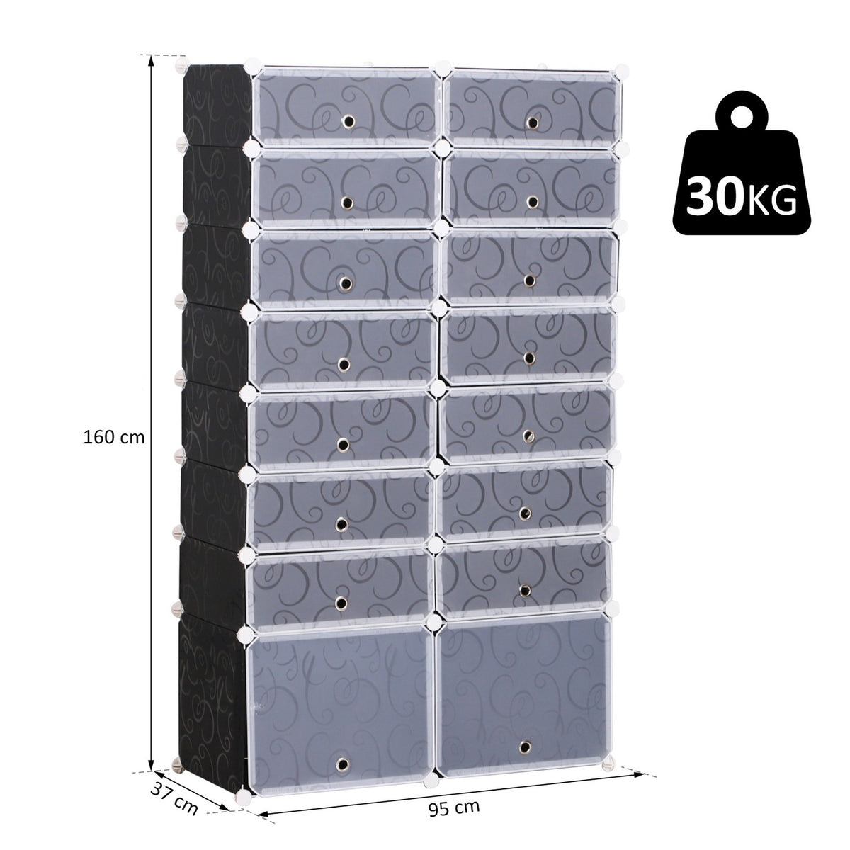 Diy Shoe Cabinet Modular Shoe Rack Wardrobe, 16 Compartments, Pp, Black + White, 95 X 37 X 160 Cm