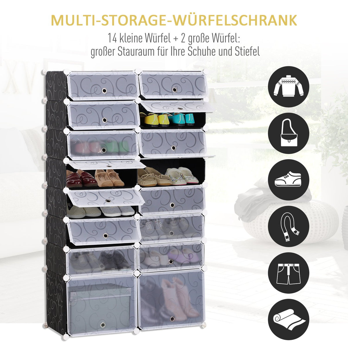 Diy Shoe Cabinet Modular Shoe Rack Wardrobe, 16 Compartments, Pp, Black + White, 95 X 37 X 160 Cm