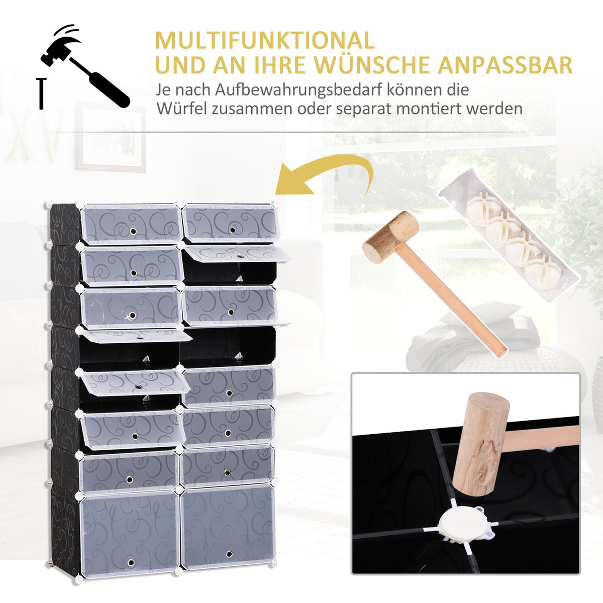 Diy Shoe Cabinet Modular Shoe Rack Wardrobe, 16 Compartments, Pp, Black + White, 95 X 37 X 160 Cm