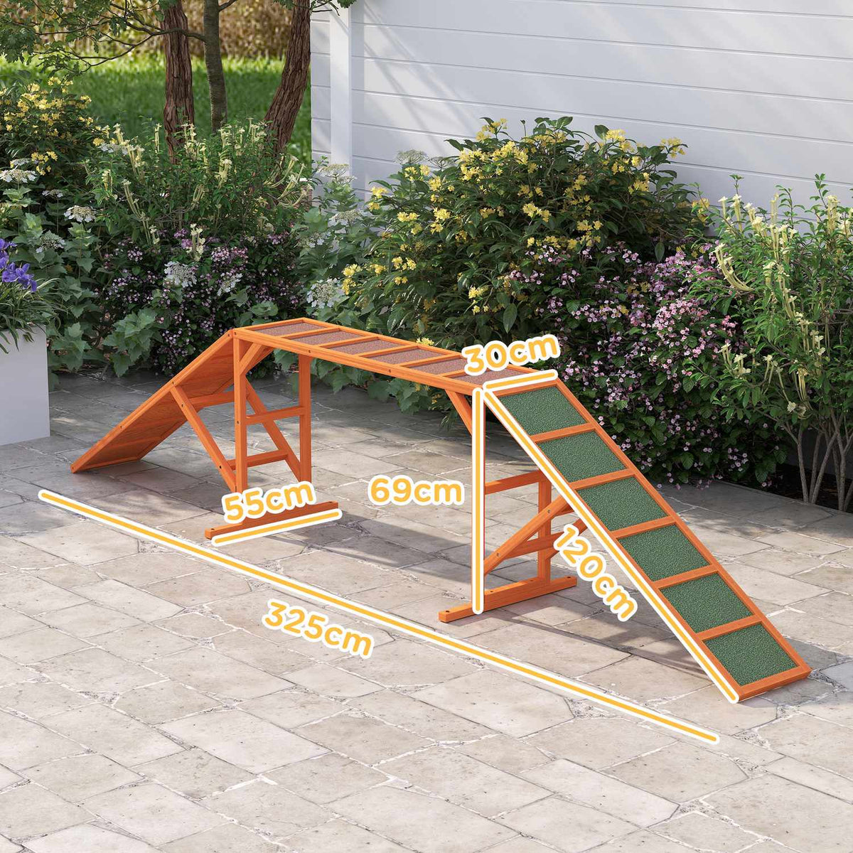Dog Agility Bridge Agility Equipment for Dogs with Safety Bar, Non-Slip Surface Agility Device for Garden, 325 x 55 x 69 cm, Orange