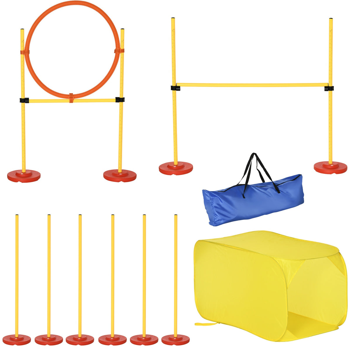 Dog Agility Hurdles Set, Dog Training Set, Obstacle Course, Plastic, Polyester, Yellow, 128 X 23 X 9-100 Cm