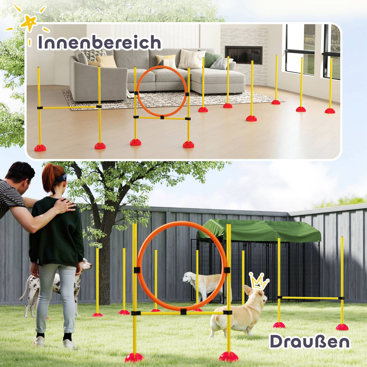 Dog Agility Set, 4-piece fillable agility equipment for dog training, hurdle set with slalom poles, height-adjustable, hurdles, jump ring, coordination training for games, training