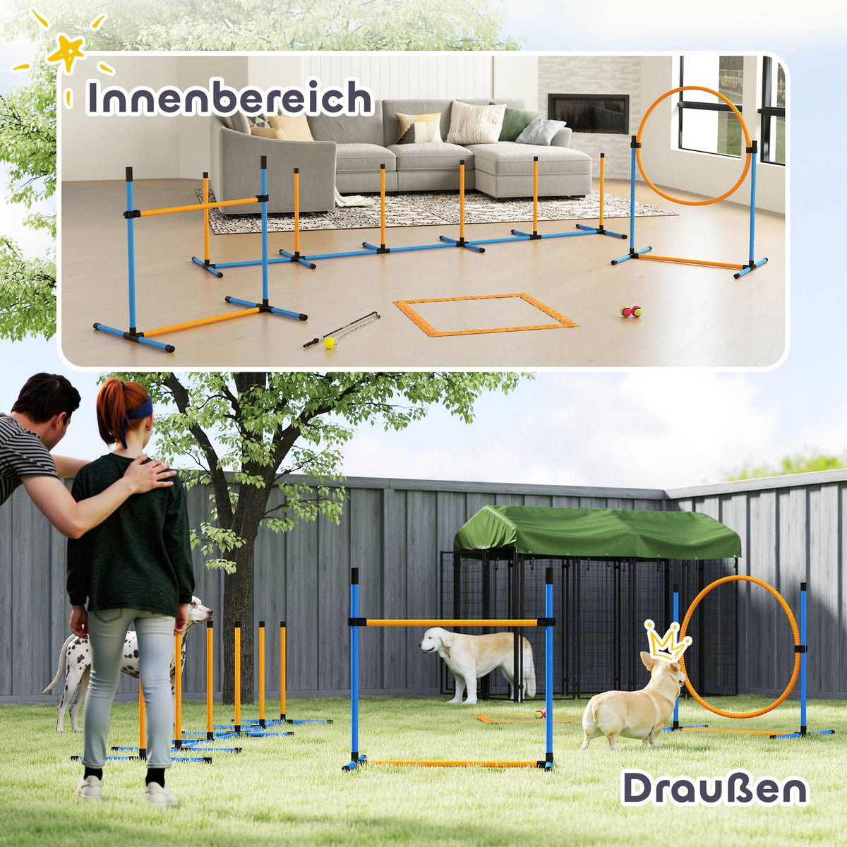 Dog Agility Set 9 Pieces Agility Equipment for Dog Training Hurdle Set with Slalom Poles Jump Hoop 2 Balls Height Adjustable Hurdles Coordination Training for Games Training