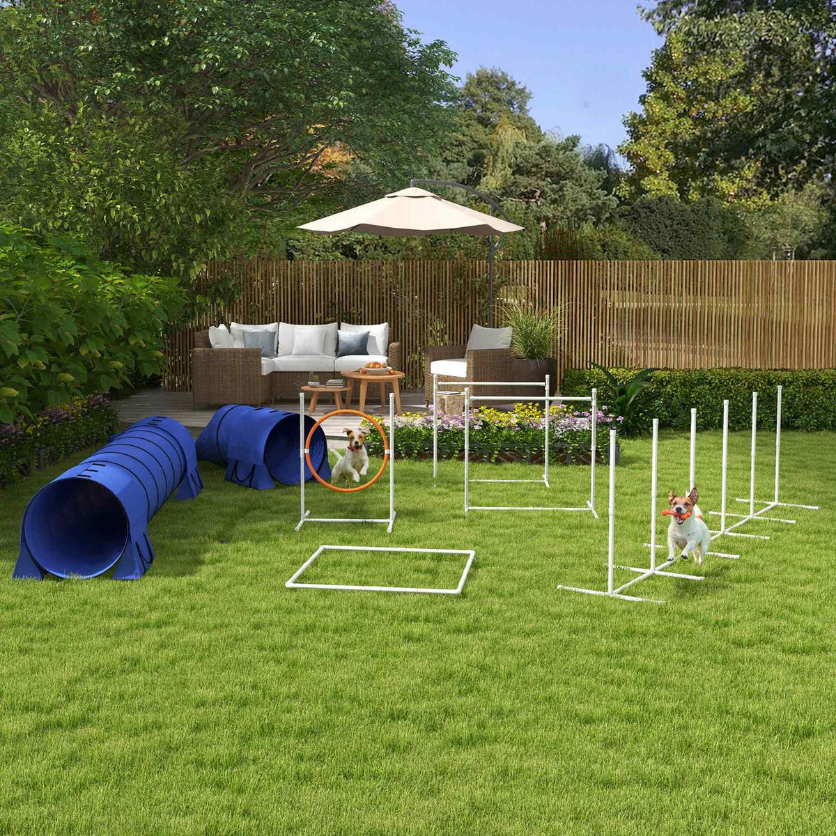 Dog Agility Set, Set Of 7 With Height-Adjustable Agility Hurdles, Braided Poles, Break Box, Tunnel, Jump Ring, Hurdle Set Including Whistle