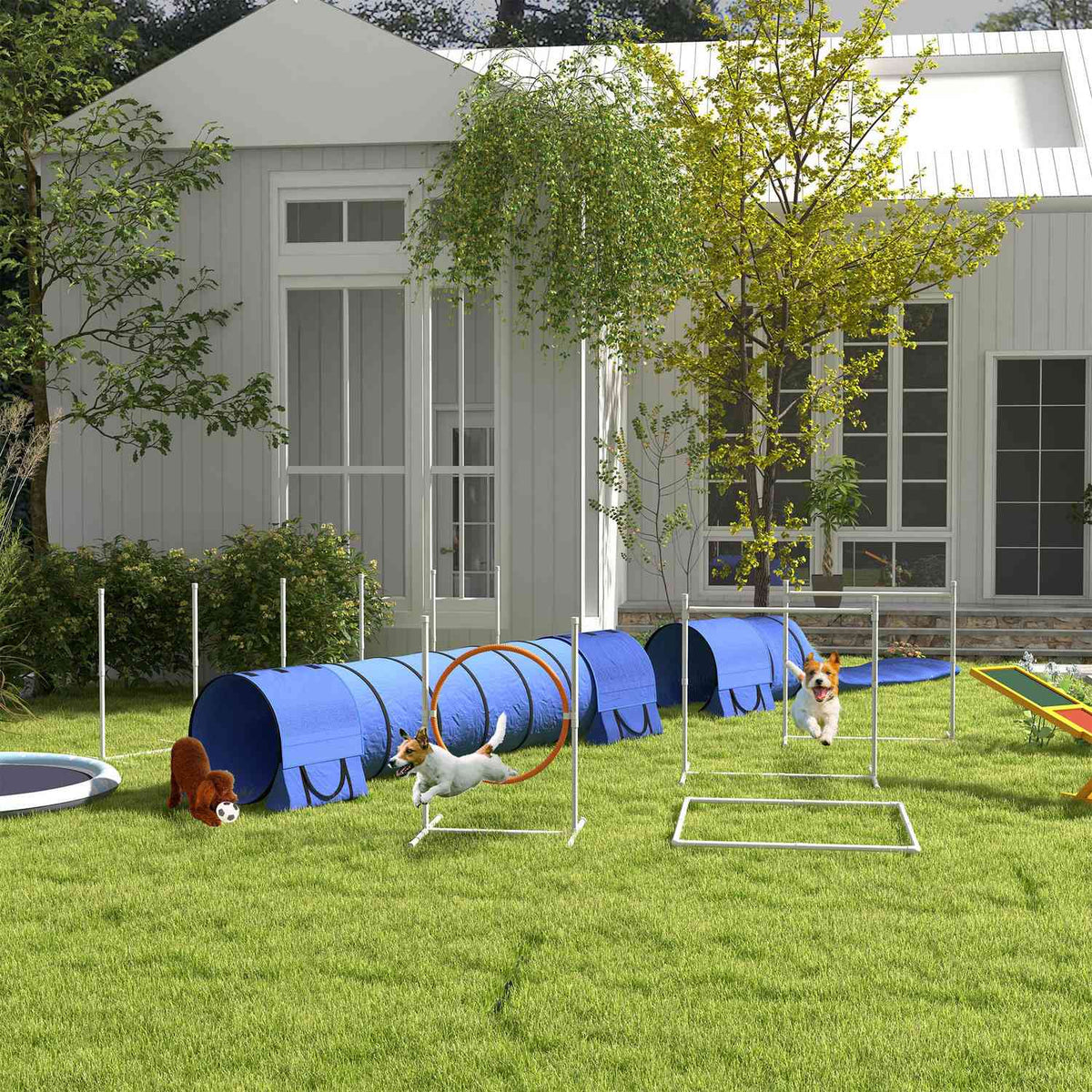Dog Agility Set, Set Of 7 With Height-Adjustable Agility Hurdles, Braided Poles, Break Box, Tunnel, Jump Ring, Hurdle Set Including Whistle
