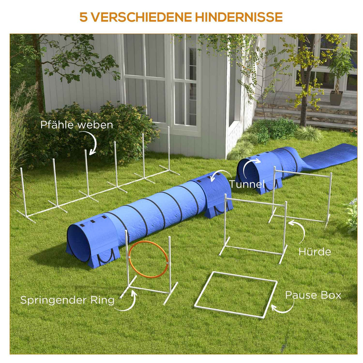 Dog Agility Set, Set Of 7 With Height-Adjustable Agility Hurdles, Braided Poles, Break Box, Tunnel, Jump Ring, Hurdle Set Including Whistle