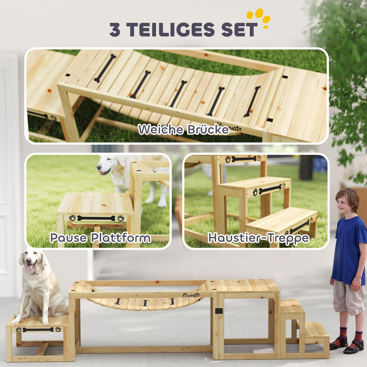 Dog Agility Set, Set of 4 Dog Training with Bridge, Stairs, Platform, Agility Equipment Made of Fir Wood for Large Dogs up to 40 kg, Natural Wood