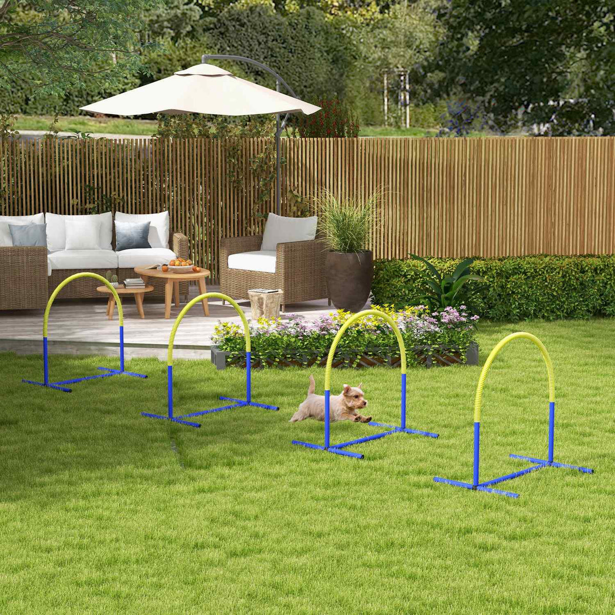 Dog Agility Set of 4, 88 x 64 x 95 cm, with 4 Bows, Carry Bag, Portable, for Older or Very Young Dogs, PE, ABS, Yellow