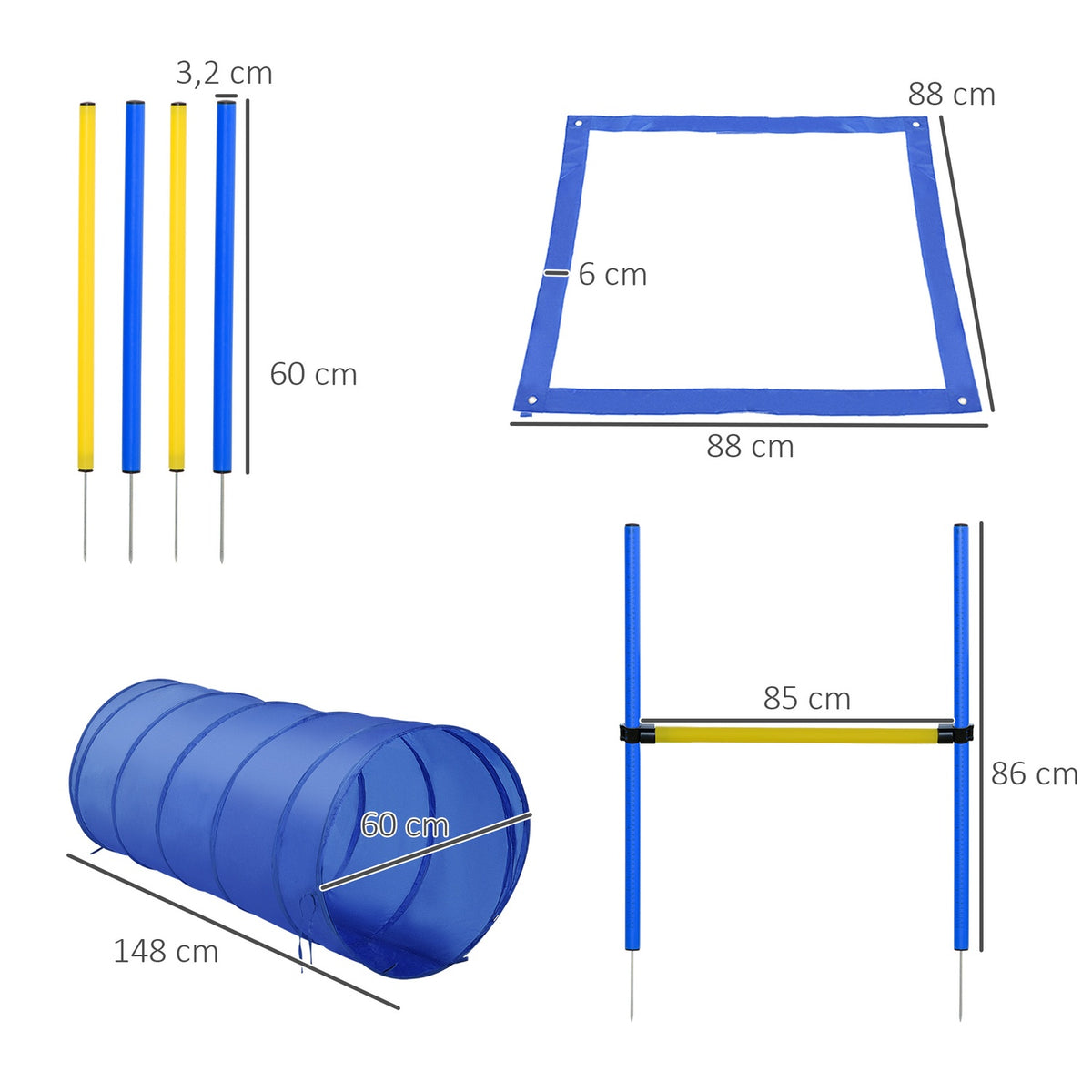 Dog Agility Training Equipment, Dog Agility Set, Dog Agility Course, Including Tunnel, Slalom Poles, Hurdle Pole Set, Starting Field, Blue + Yellow