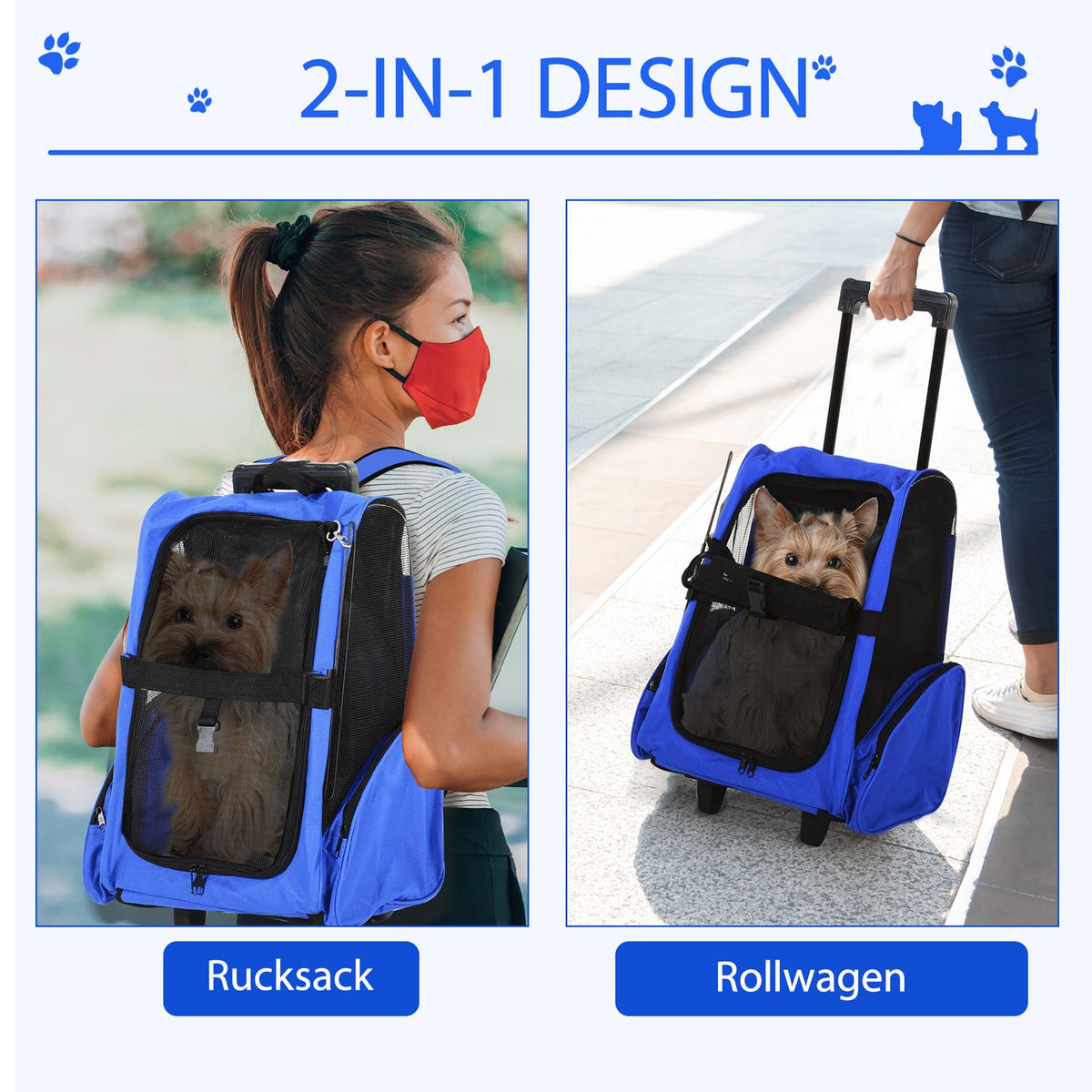 Dog Bag Carrier Bag Dog Trolley 2-In-1, Breathable, Oxford Fabric, Blue, 42X25X55 Cm