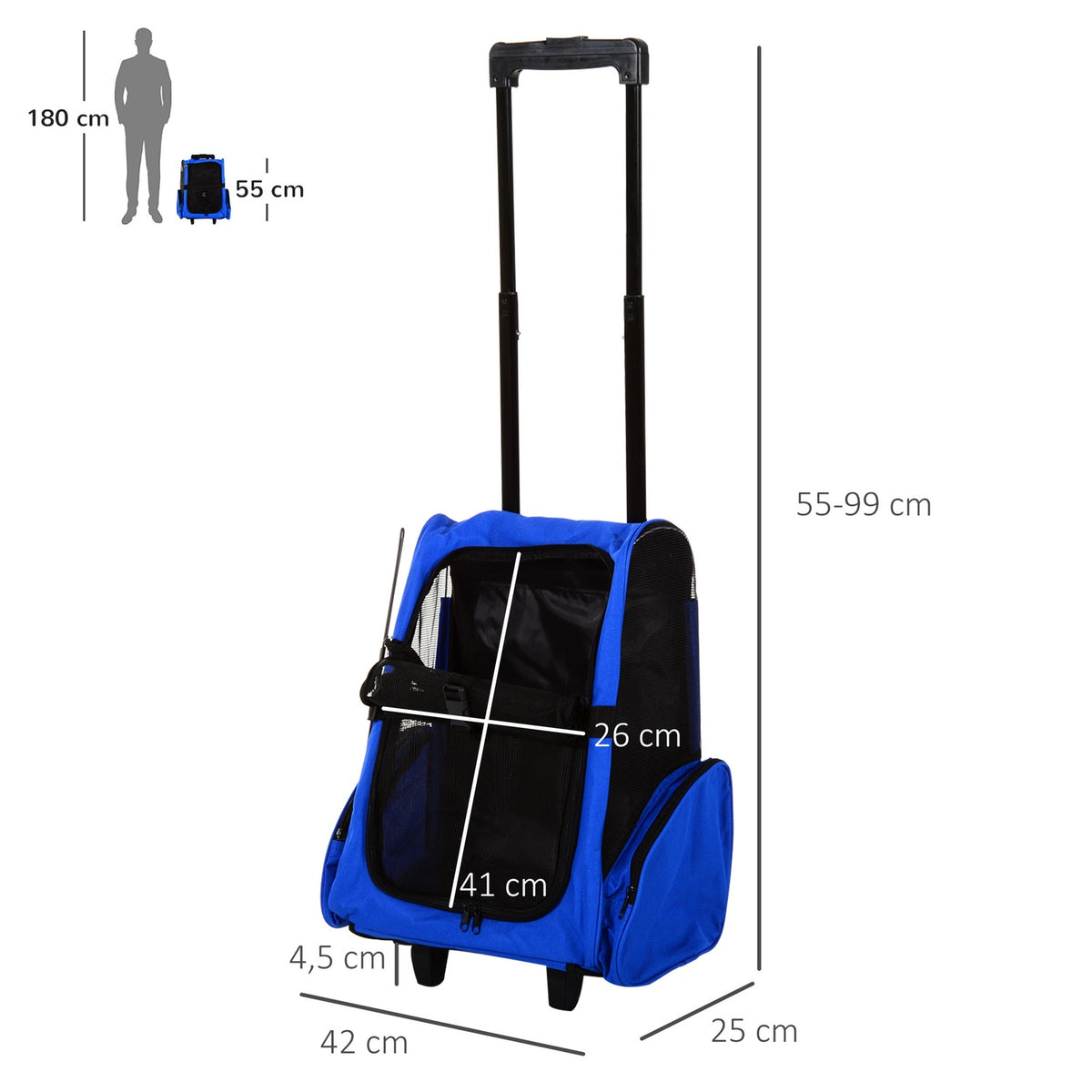 Dog Bag Carrier Bag Dog Trolley 2-In-1, Breathable, Oxford Fabric, Blue, 42X25X55 Cm