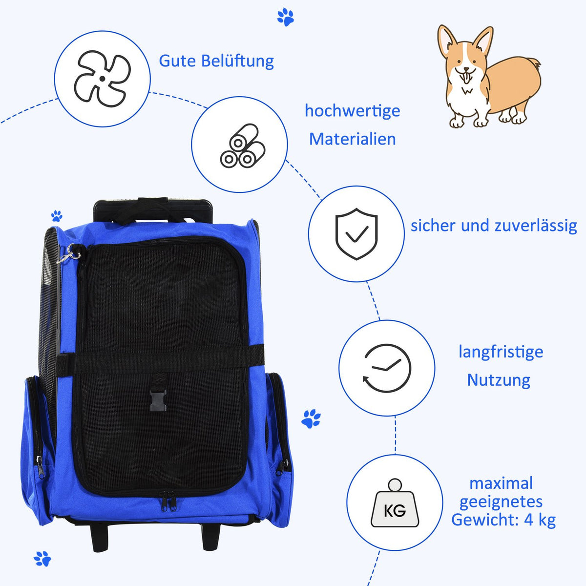 Dog Bag Carrier Bag Dog Trolley 2-In-1, Breathable, Oxford Fabric, Blue, 42X25X55 Cm