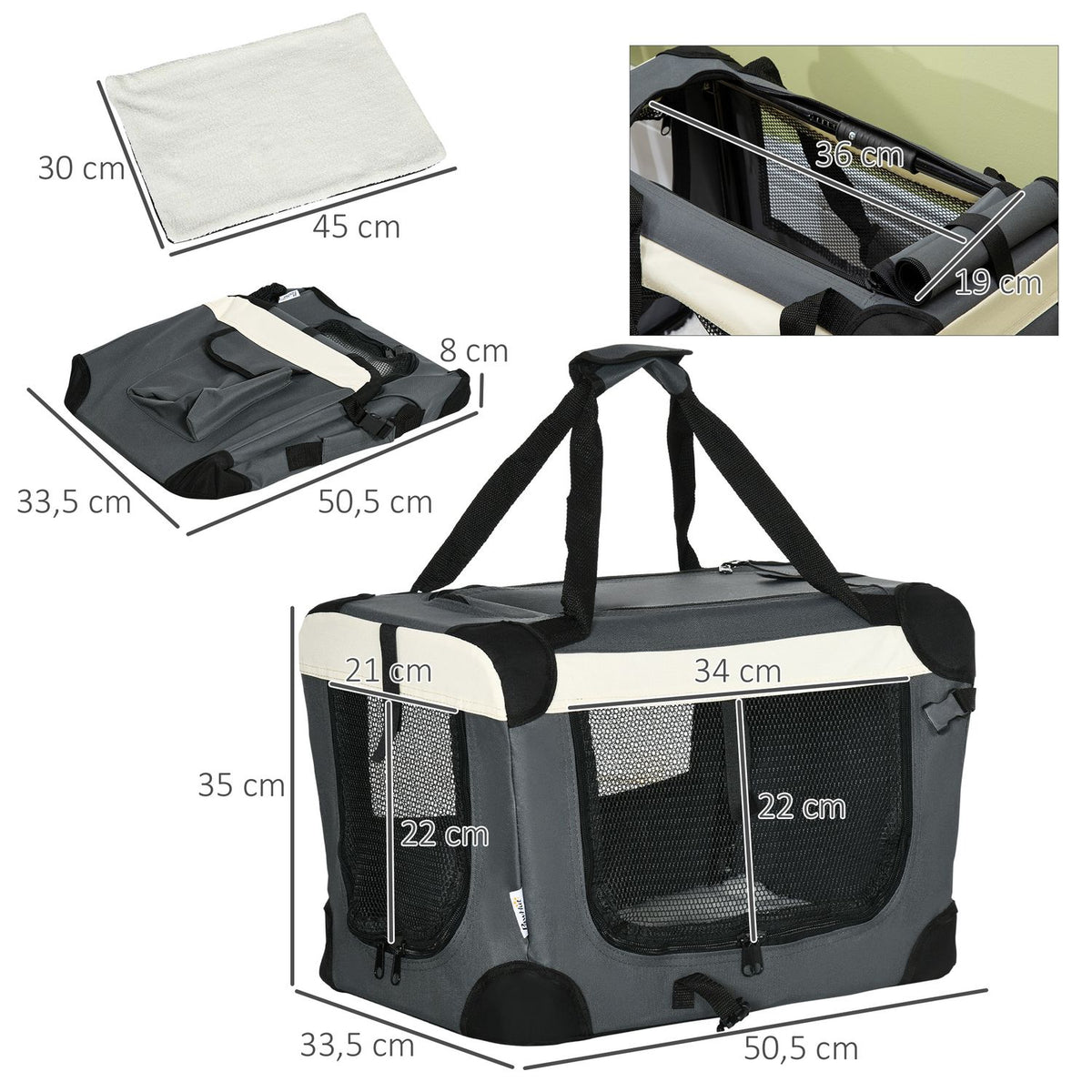 Dog Bag Transport Bag Foldable Dog Box With Cushion For Small Dogs Outdoor Oxford Fabric Gray + Black 50.5 X 33.5 X 35 Cm