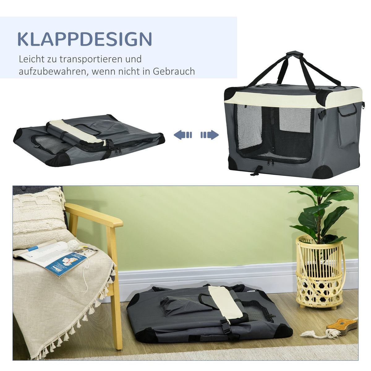 Dog Bag Transport Bag Foldable Dog Box With Cushion For Small Dogs Outdoor Oxford Fabric Gray + Black 70 X 51 X 50 Cm
