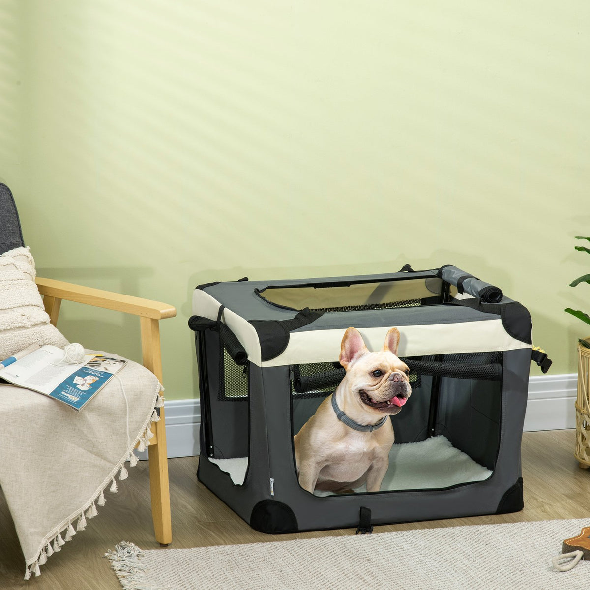 Dog Bag Transport Bag Foldable Dog Box With Cushion For Small Dogs Outdoor Oxford Fabric Gray + Black 70 X 51 X 50 Cm