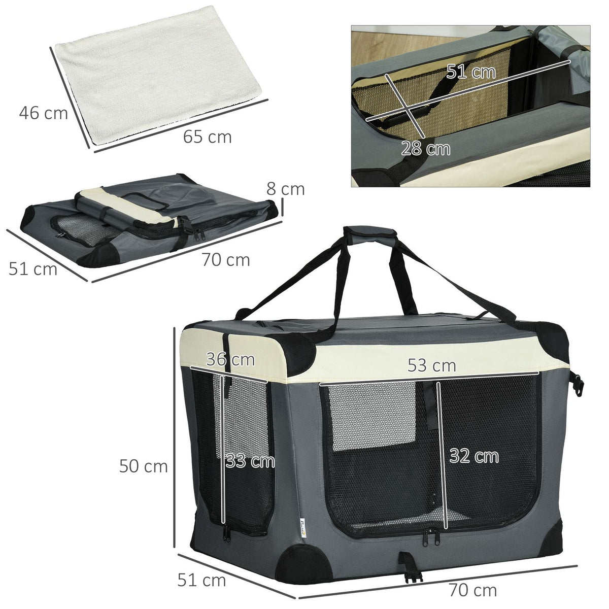 Dog Bag Transport Bag Foldable Dog Box With Cushion For Small Dogs Outdoor Oxford Fabric Gray + Black 70 X 51 X 50 Cm