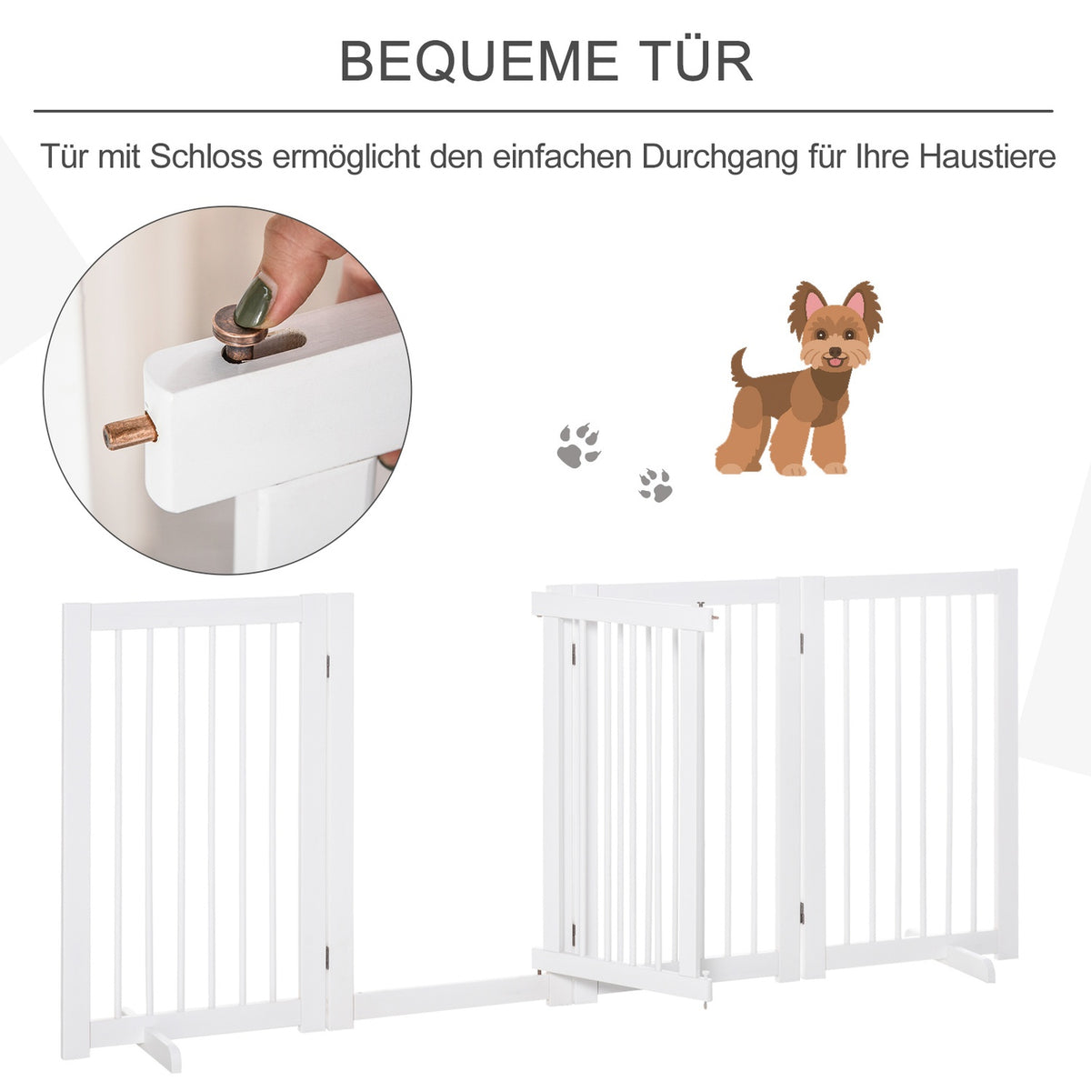 Dog Barrier 91 Cm Wooden Protective Gate Freestanding Dog Gate With Door Foldable With 2 Support Feet For Animals & Stairs White