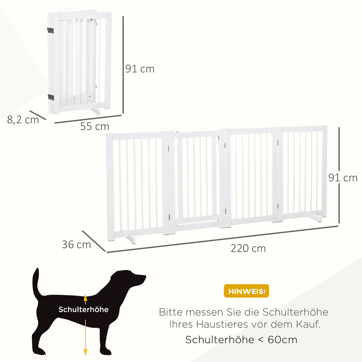 Dog Barrier 91 Cm Wooden Protective Gate Freestanding Dog Gate With Door Foldable With 2 Support Feet For Animals & Stairs White