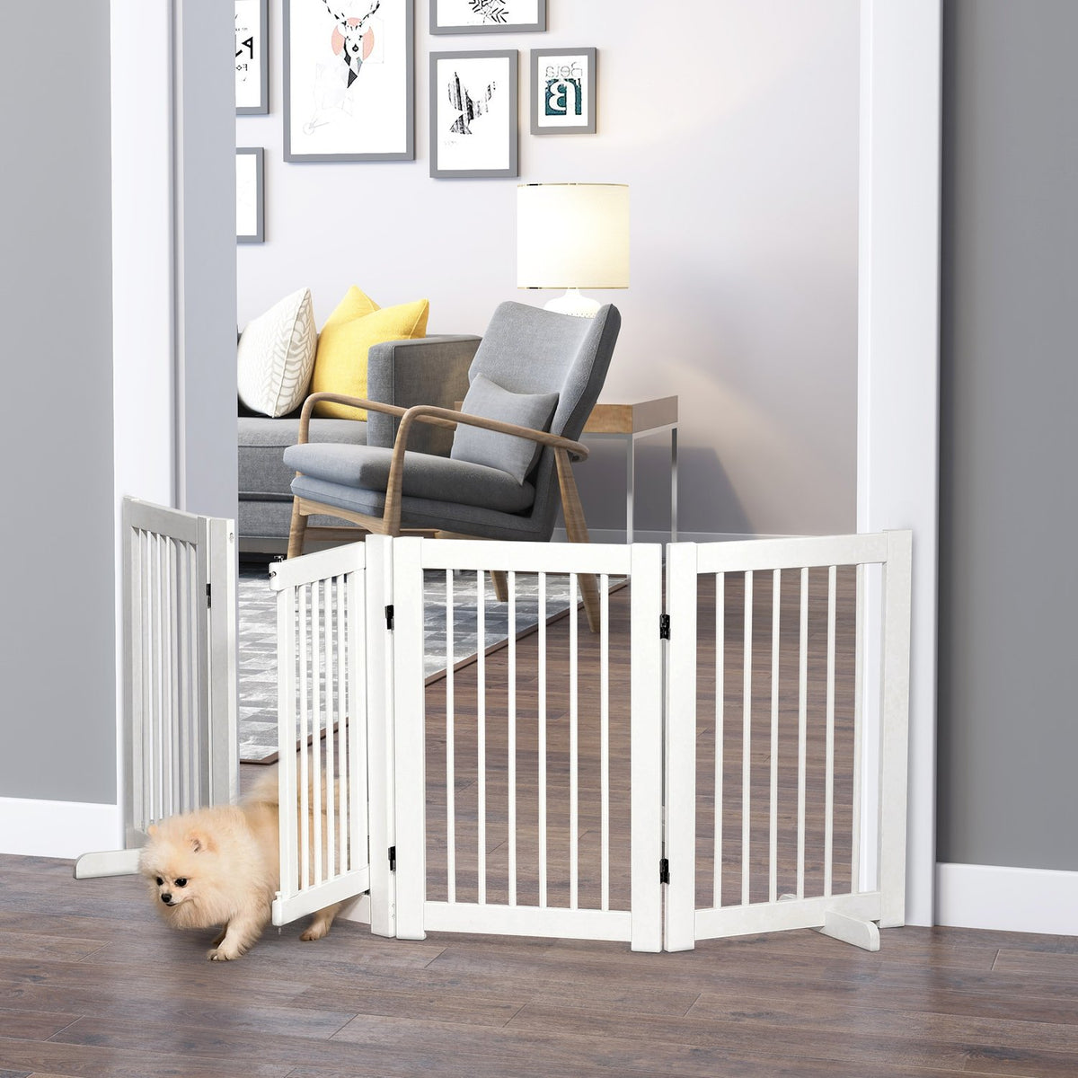 Dog Barrier 91 Cm Wooden Protective Gate Freestanding Dog Gate With Door Foldable With 2 Support Feet For Animals & Stairs White