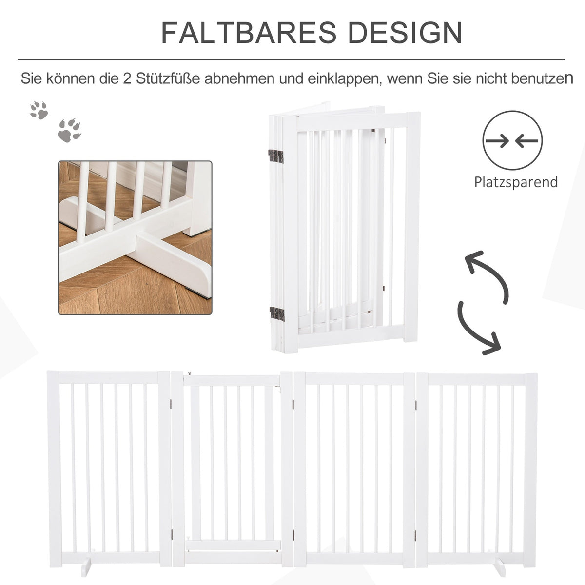 Dog Barrier 91 Cm Wooden Protective Gate Freestanding Dog Gate With Door Foldable With 2 Support Feet For Animals & Stairs White