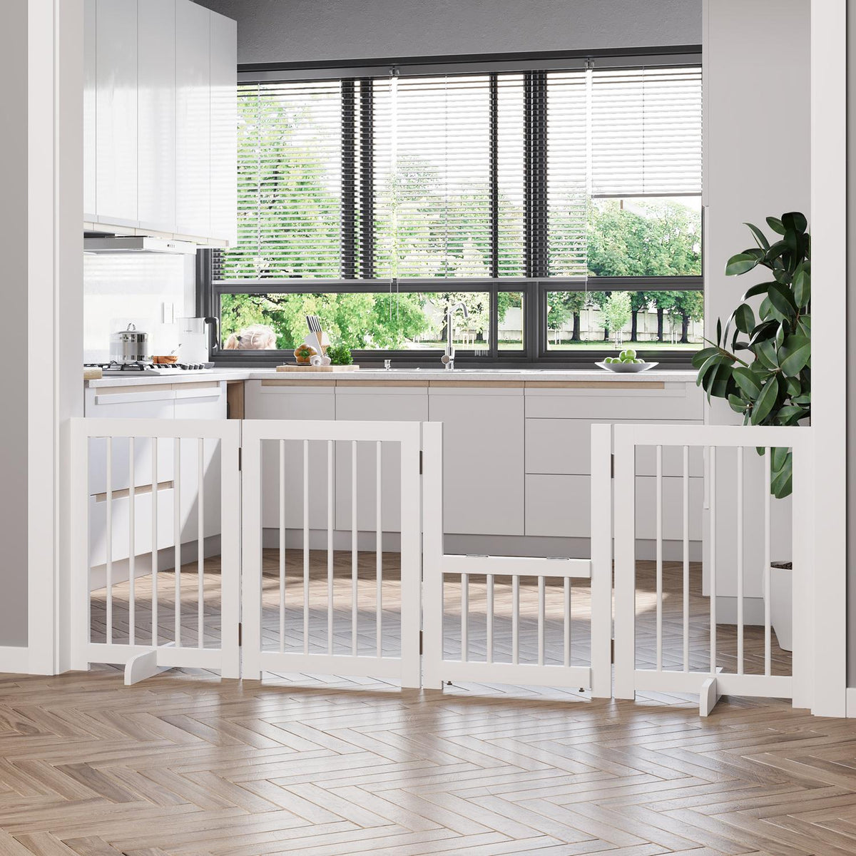 Dog Barrier Door Safety Gate 2 Support Feet Foldable Protective Gate Pack Of 4 Pine White 215X38X75Cm