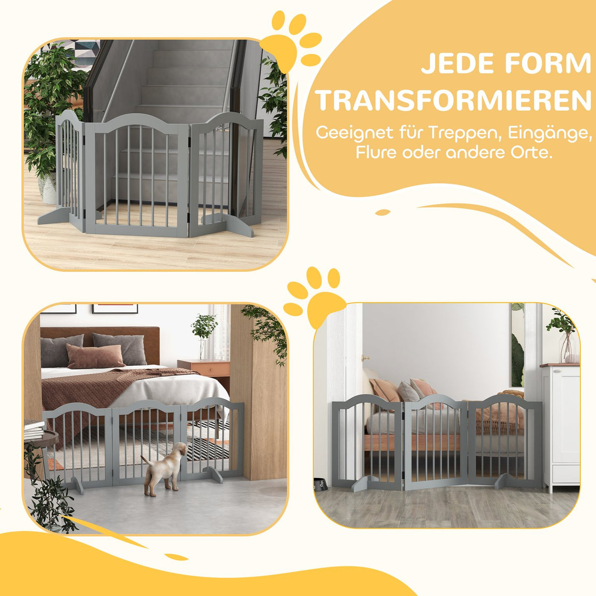 Dog Barrier Gate, 3-Piece, 154.5 x 61 cm, Foldable Dog Gate with Door, Door Gate with 2 Support Feet, Freestanding Stair Gate for Kitchen, Hallway, Light Gray |