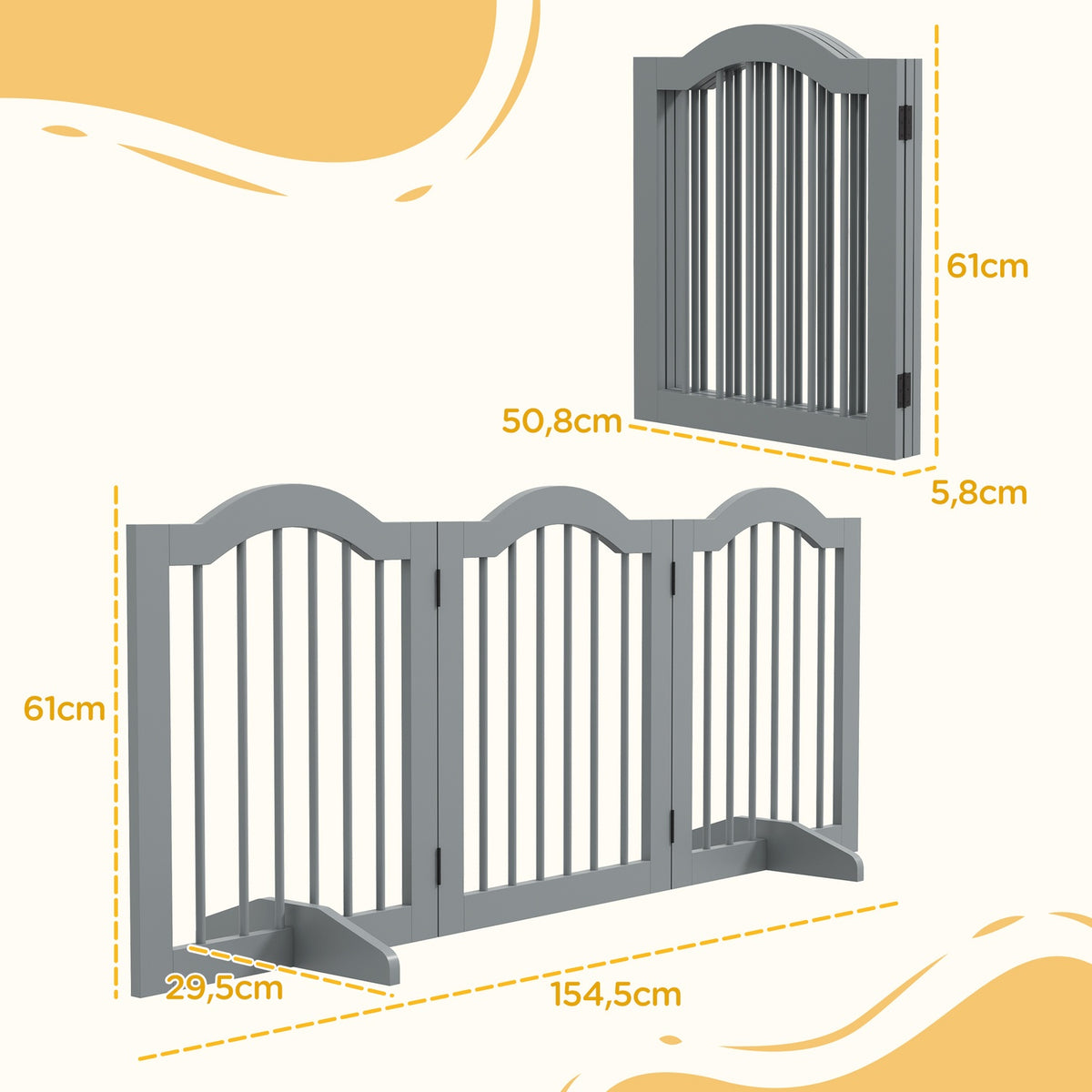 Dog Barrier Gate, 3-Piece, 154.5 x 61 cm, Foldable Dog Gate with Door, Door Gate with 2 Support Feet, Freestanding Stair Gate for Kitchen, Hallway, Light Gray |