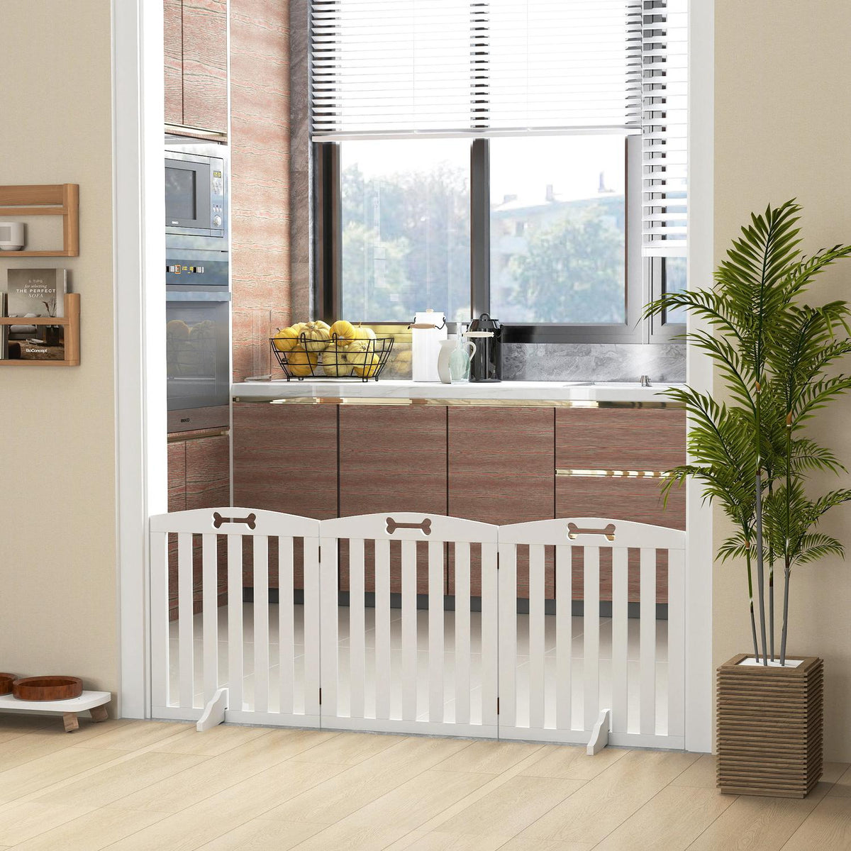 Dog Barrier Gate, 3-Piece, 155 x 61 cm, Foldable Door Gate with 2 Support Feet, Freestanding Dog Gate, Stair Gate for Medium Dogs, for Hallway, Stairs, White