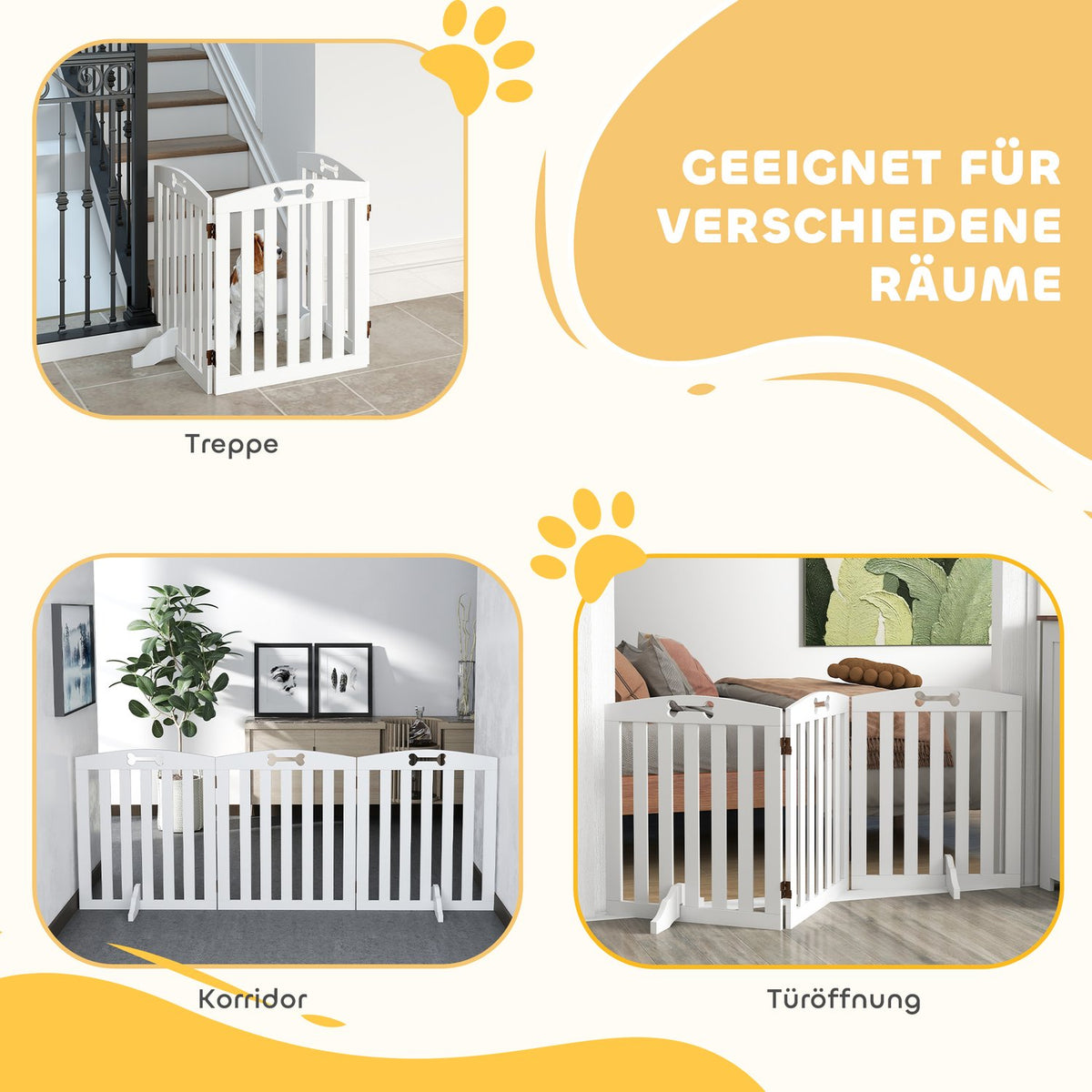 Dog Barrier Gate, 3-Piece, 155 x 61 cm, Foldable Door Gate with 2 Support Feet, Freestanding Dog Gate, Stair Gate for Medium Dogs, for Hallway, Stairs, White