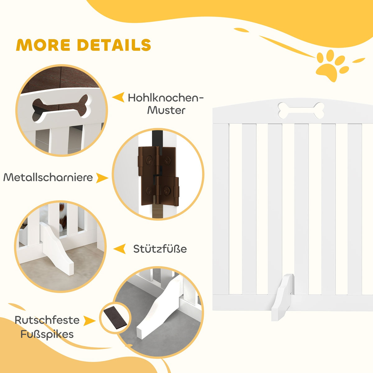 Dog Barrier Gate, 3-Piece, 155 x 61 cm, Foldable Door Gate with 2 Support Feet, Freestanding Dog Gate, Stair Gate for Medium Dogs, for Hallway, Stairs, White