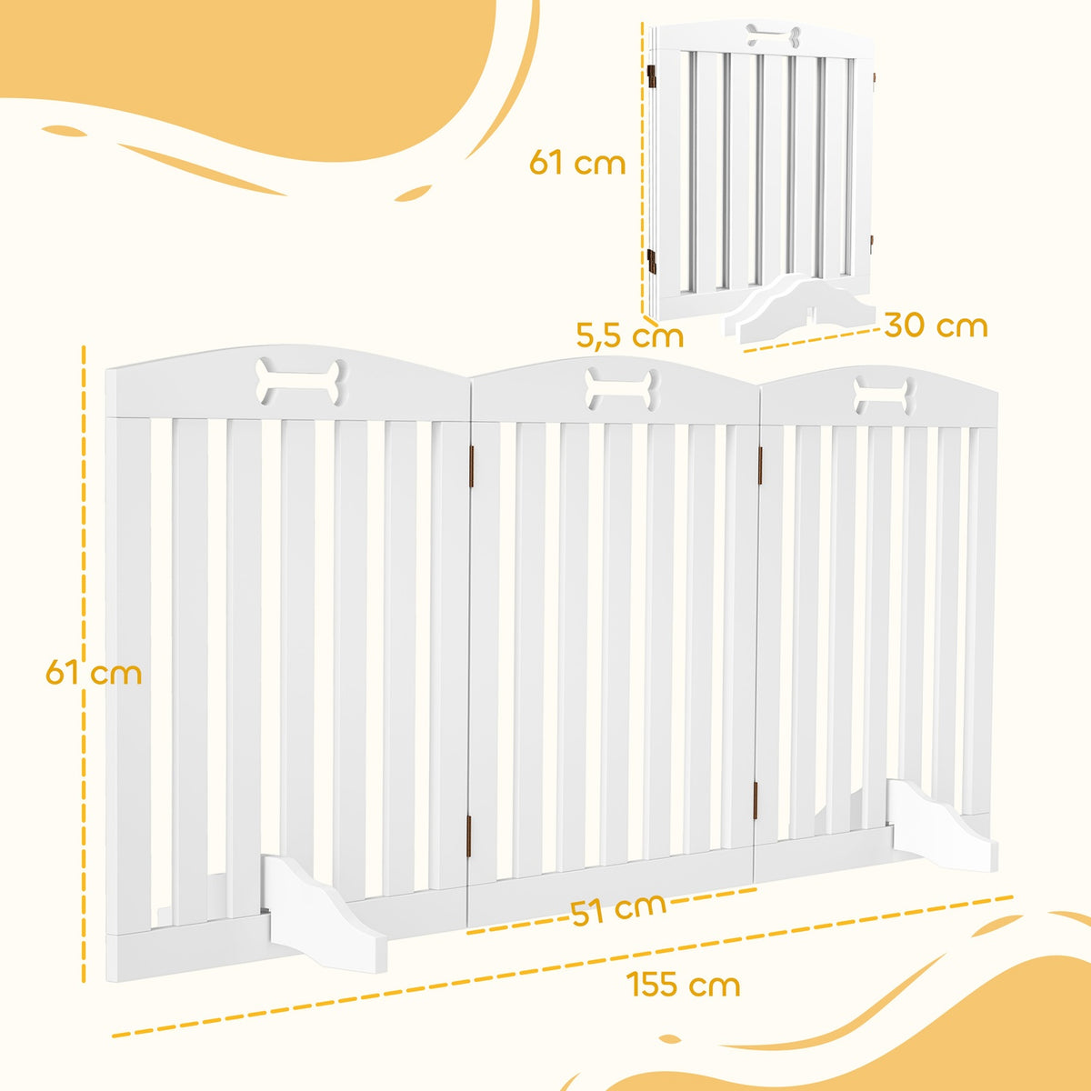 Dog Barrier Gate, 3-Piece, 155 x 61 cm, Foldable Door Gate with 2 Support Feet, Freestanding Dog Gate, Stair Gate for Medium Dogs, for Hallway, Stairs, White