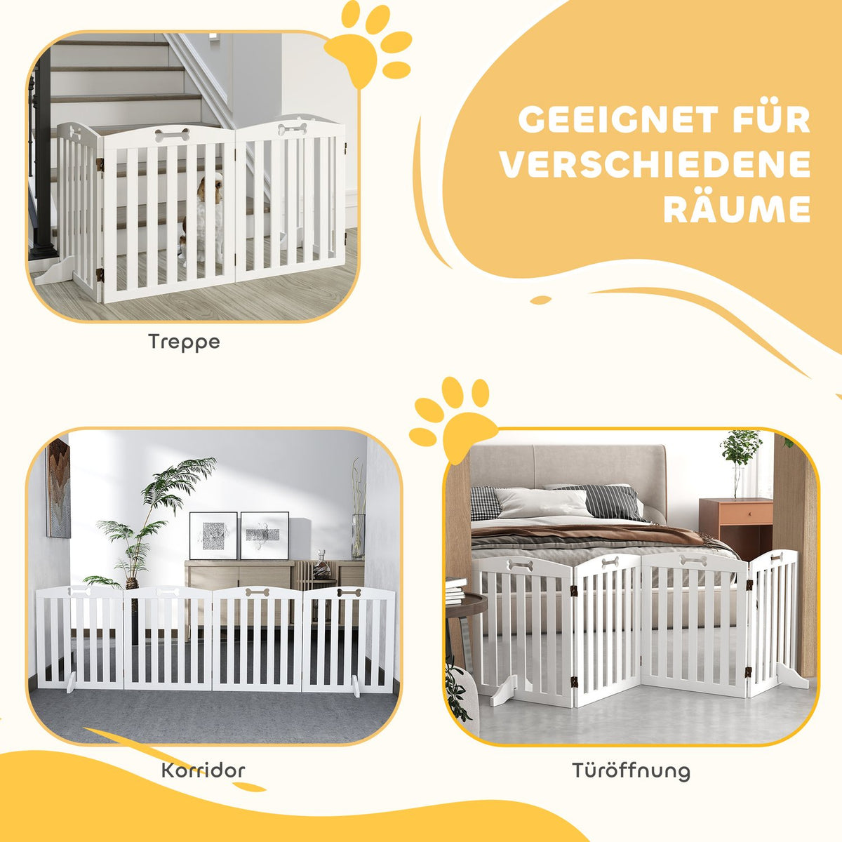Dog Barrier Gate, 4-Piece, 207.5 x 61 cm, Foldable Door Gate with 2 Support Feet, Freestanding Dog Gate, Stair Gate for Medium Dogs, for Hallway, Stairs, White