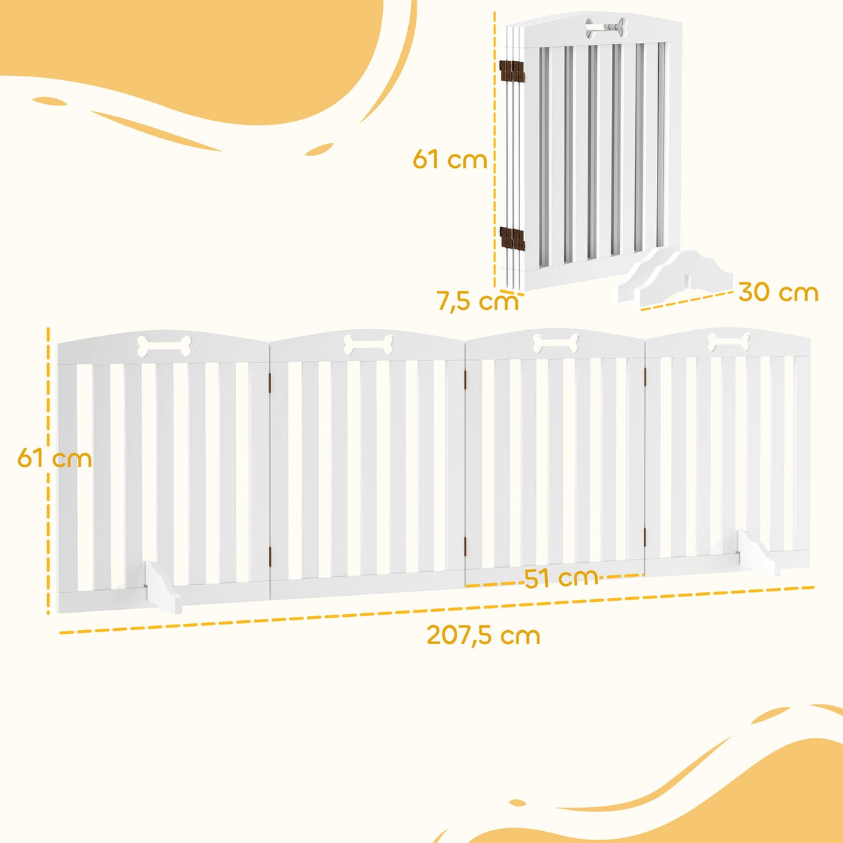 Dog Barrier Gate, 4-Piece, 207.5 x 61 cm, Foldable Door Gate with 2 Support Feet, Freestanding Dog Gate, Stair Gate for Medium Dogs, for Hallway, Stairs, White